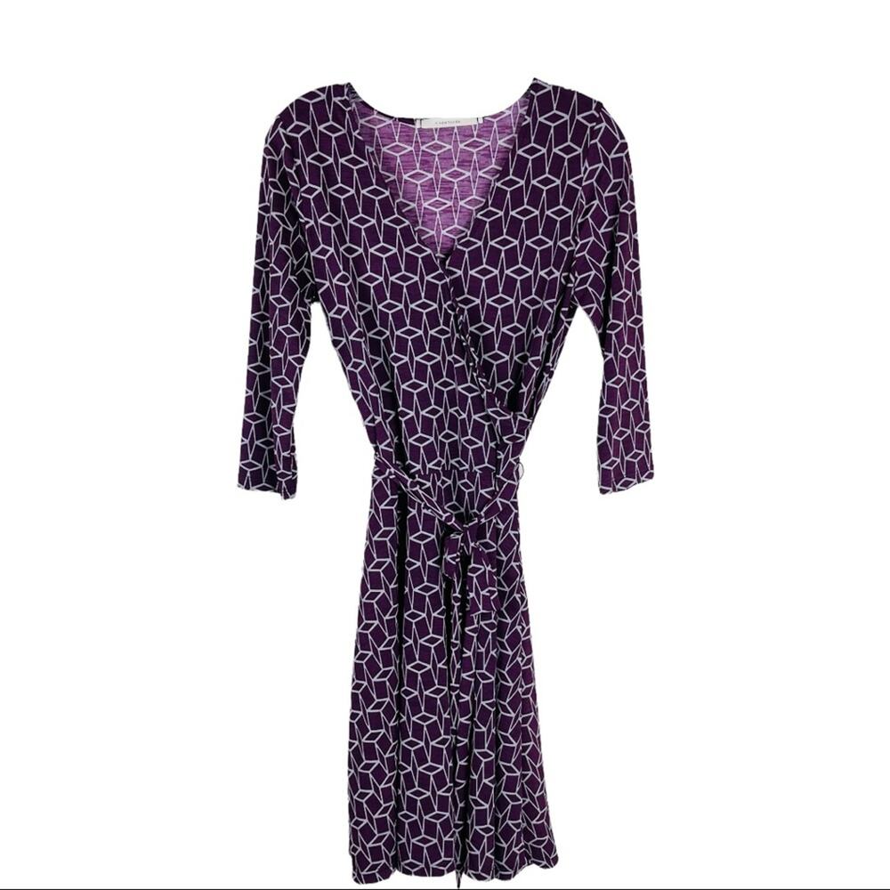 41 Hawthorn purple grey stretchy tie faux wrap 3/4 sleeve midi dress medium